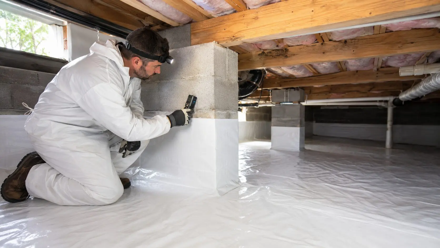 Certified technician inspecting an encapsulated crawl space