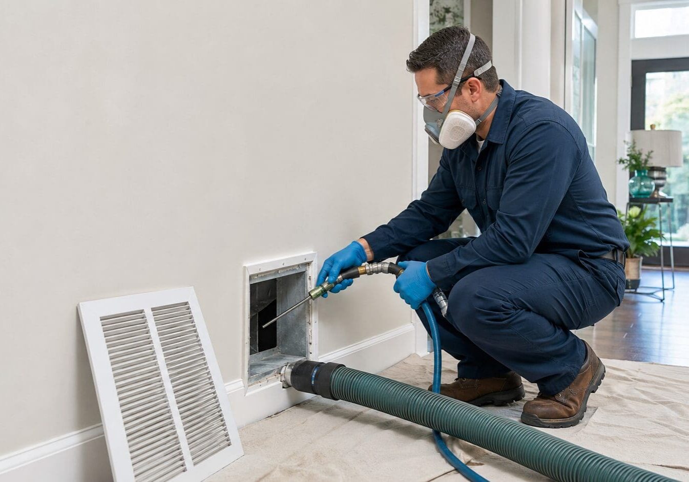 Technician cleaning a residential air duct with professional equipment